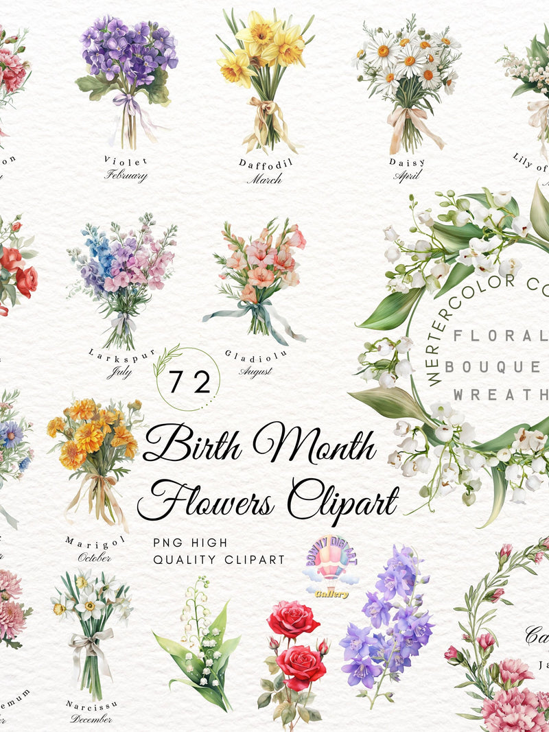 Watercolor Birth Month Flower Clipart,Birth Flower PNG,Watercolor Antique Floral PNG,Flower bouquet Graphic,Birthday Decor,card making,DIY birthday flower