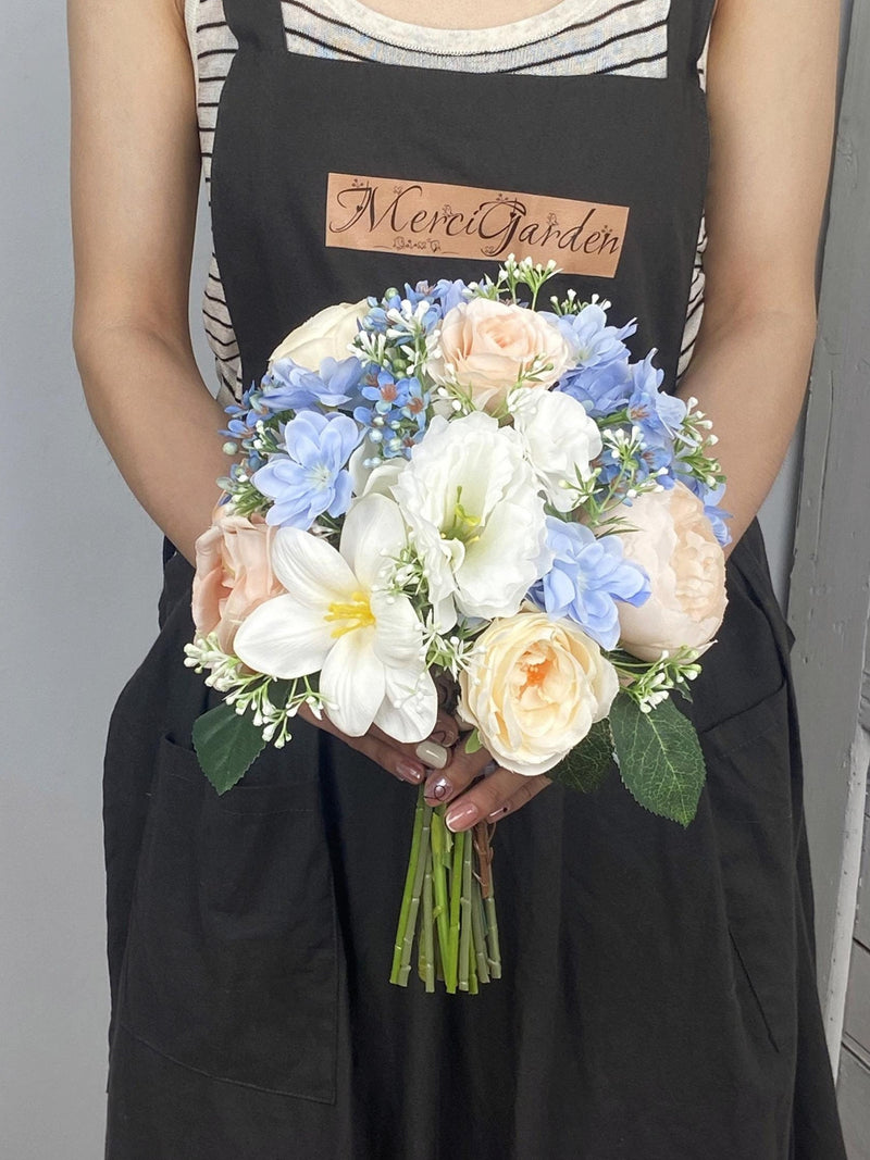 Silk Blue and Peach Wedding Bouquet, Rustic Flower Arrangement wedding flower