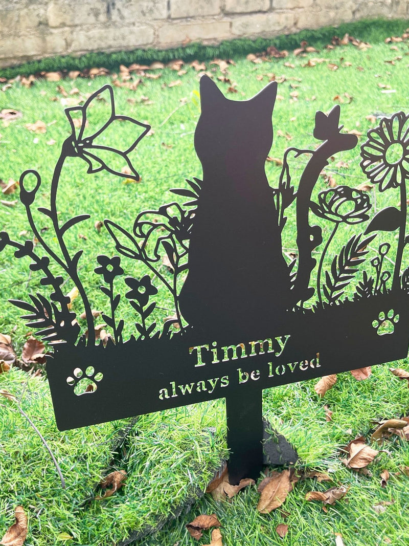 Personalized Metal Cat Grave Marker, Custom Metal Pet Memorial Stake, Cat Memorial Stake with Flowers, Cat Garden Stake, Loss of Cat sympathy flower