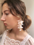 White flower earrings bridal Gold earrings Long silk floral earrings Wedding jewelry Boho statement earrings Lightweight gift women silk flower