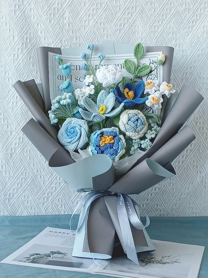 Blue Crochet Flower Bouquet: Handmade Wool Gift, Boho Decor,Everlasting Hand-Knit Blooms,Valentine's Day, Wedding, Birthday,Best Friend Gift ANNIVERSARY