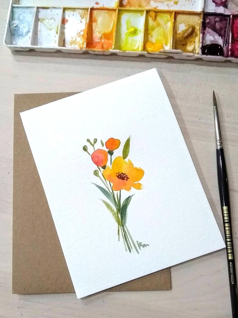 Set of 3_Original hand painted  watercolor Floral, yellow flower Blank greeting, Get well soon, Birthday, sympathy,thank you cards 4.5"x5.5" sympathy flower