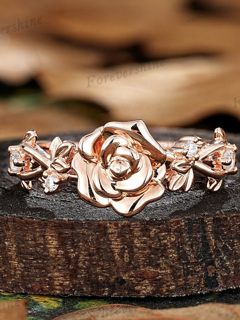 Custom Rose Flower Engagement Ring, Nature Inspired Leaf Branch Wedding Ring, 14k Gold June Birth Flower Promise Anniversary Rings For Women ANNIVERSARY