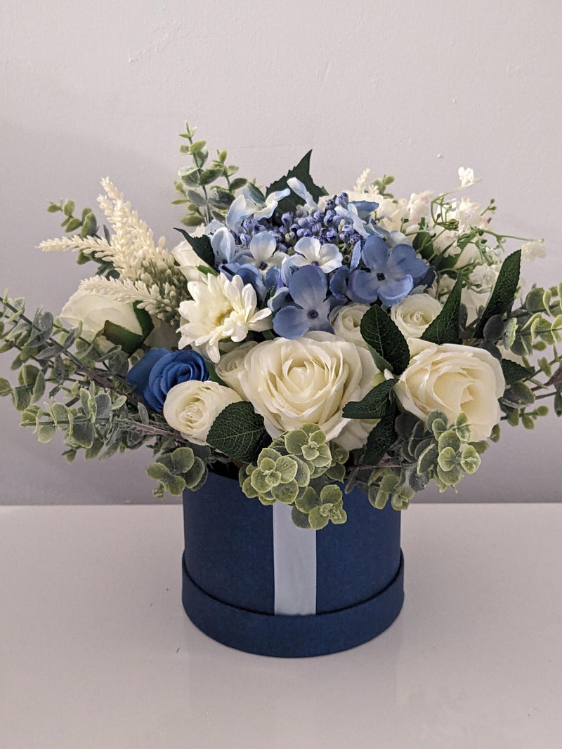 Blue Hat Box Silk Flowers Hamper silk flower
