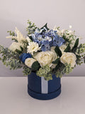 Blue Hat Box Silk Flowers Hamper silk flower
