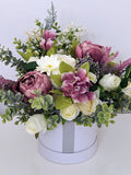 Mauve and Cream Hat Box Silk Flowers Hamper silk flower