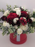 Red and Cream Hat Box Silk Flowers Hamper silk flower