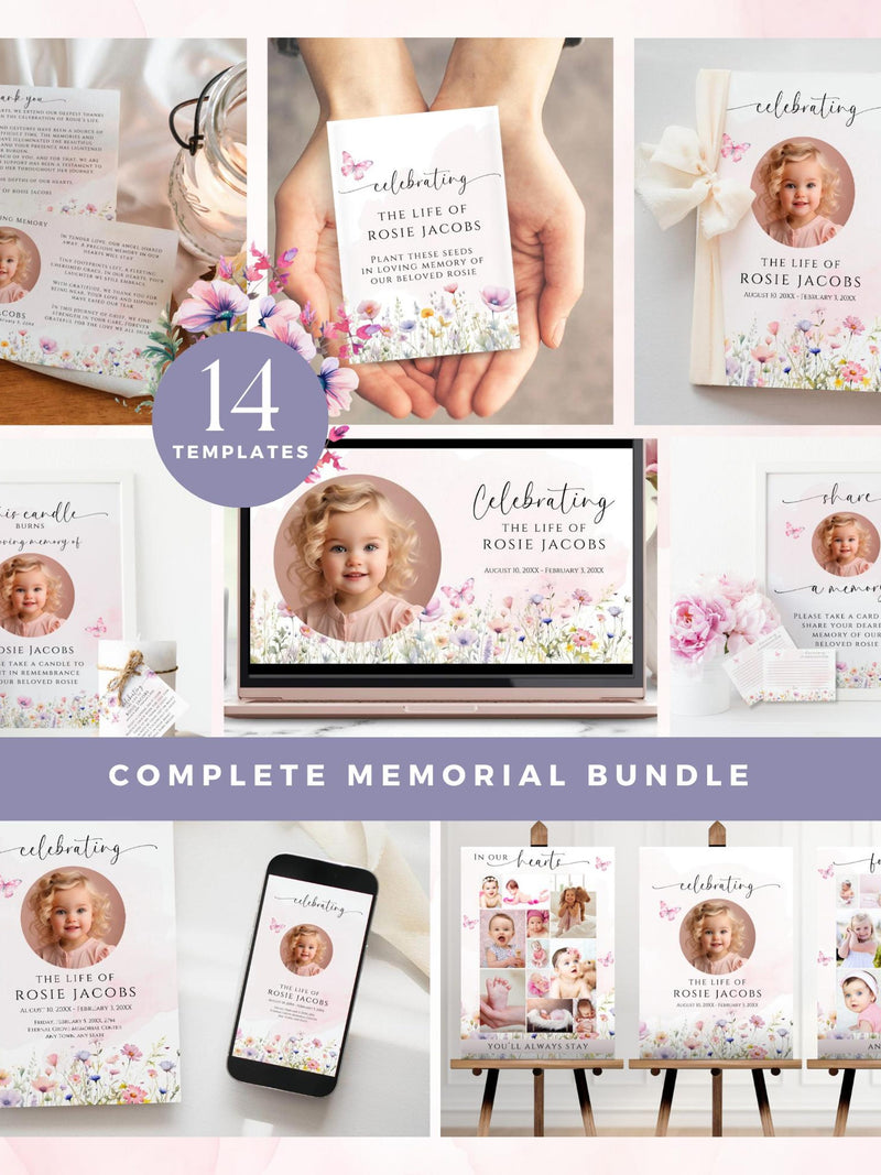 Funeral Bundle Flowers, Editable Celebration of Life Templates, Printable Digital Set, Memorial Service Pack, Canva, Wildflower, Pink, WF1 sympathy flower