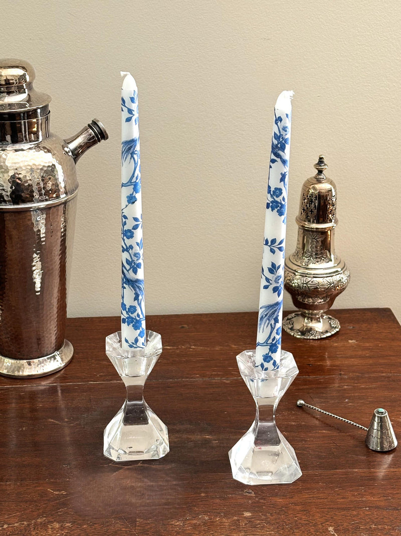 Chinoiserie Pattern Blue & White Taper Candles with birds and florals house warming flower