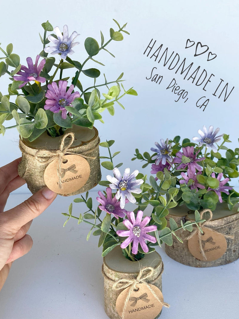 Faux Flower Arrangement in Handmade Wood Pot - with Purple Daisy Wild Flowers and Eucalyptus  - Small Centerpiece Flower Bouquet faux plants