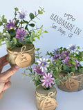 Faux Flower Arrangement in Handmade Wood Pot - with Purple Daisy Wild Flowers and Eucalyptus  - Small Centerpiece Flower Bouquet faux plants