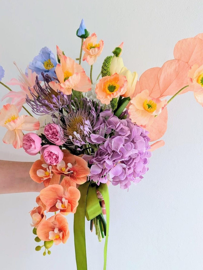 Peach Faux Flower Wedding Bouquet, Dried Floral Bridal Bouquet, Artificial Orchid, Poppy & Lily wedding flower