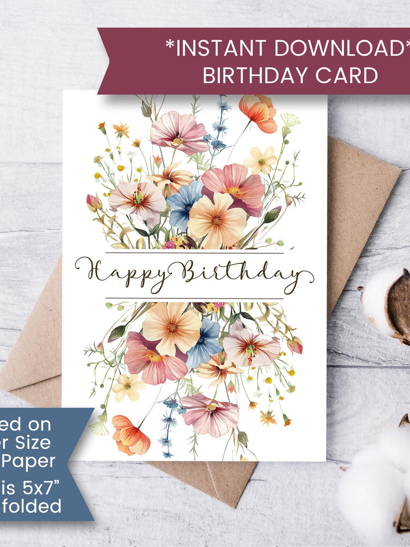 Printable Wildflower Birthday Card, Pressed Flowers Birthday Card for Sister Mother, Floral Card, Cottagecore, Instant Download, Digital birthday flower