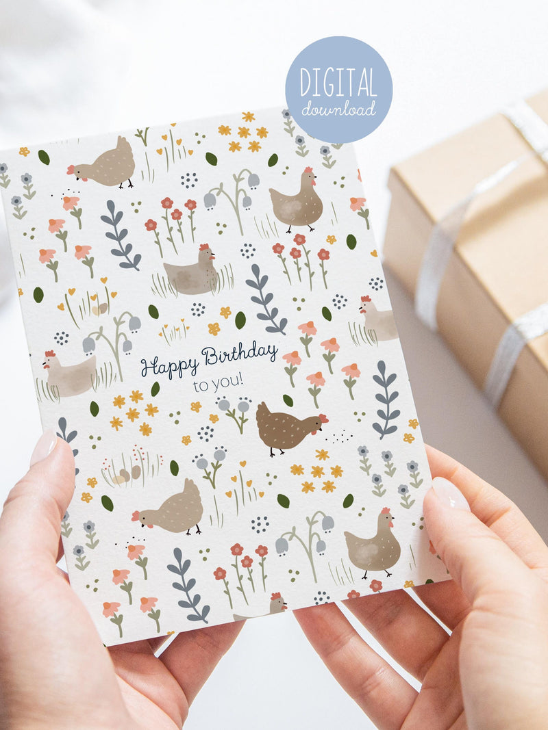Chicken Birthday Card: Floral Farmyard Design (Digital Download) birthday flower