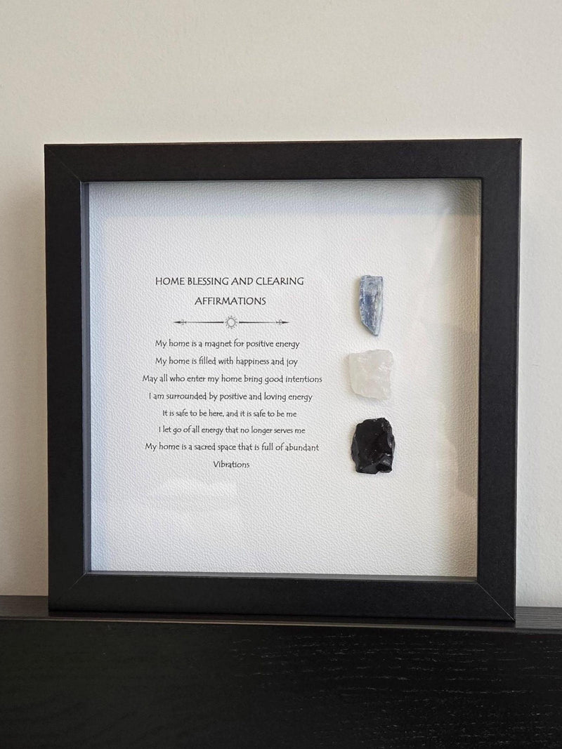 House Blessing and Clearing Affirmations, Crystal Art, Raw Stones in 8.75"x 8.75" Black Wood Frame, Reiki Infused Stones, New Home Gift house warming flower