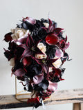 Burgundy Black Rosegold Beige Bridal Bouquet, Faux Real Touch Flowers, Fall wedding Halloween Wedding, DeepRed Black Wedding Bouquet Bouquet