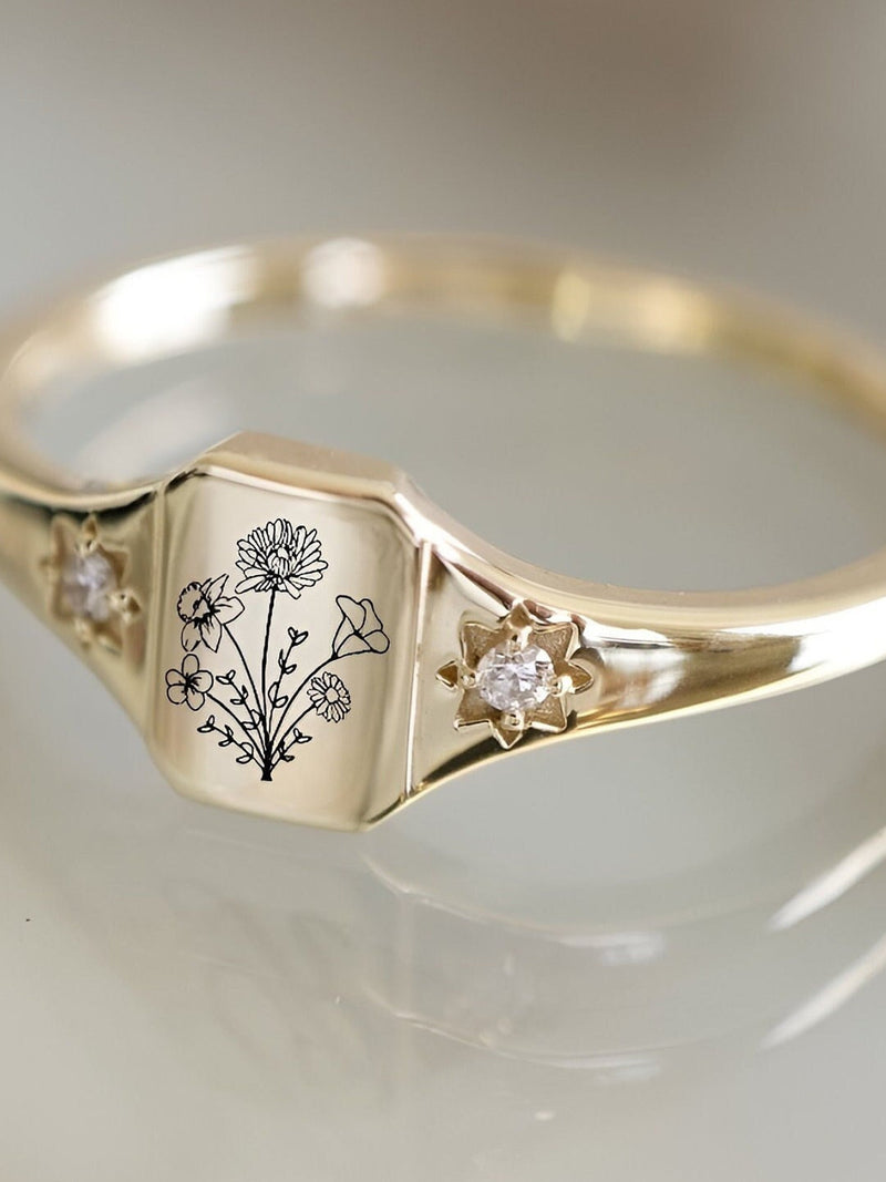 Birth Flower Ring, Gold Birth Flower Rings For Women, 925 Sterling Silver Ring, Statement flower ring, Gold Birth flower ring ANNIVERSARY