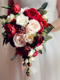 Cascading Red White silk Rose greenery Bridal bouquet wedding bouquet, wedding flowers bridesmaid wedding flowers, rustic boho wedding Bouquet