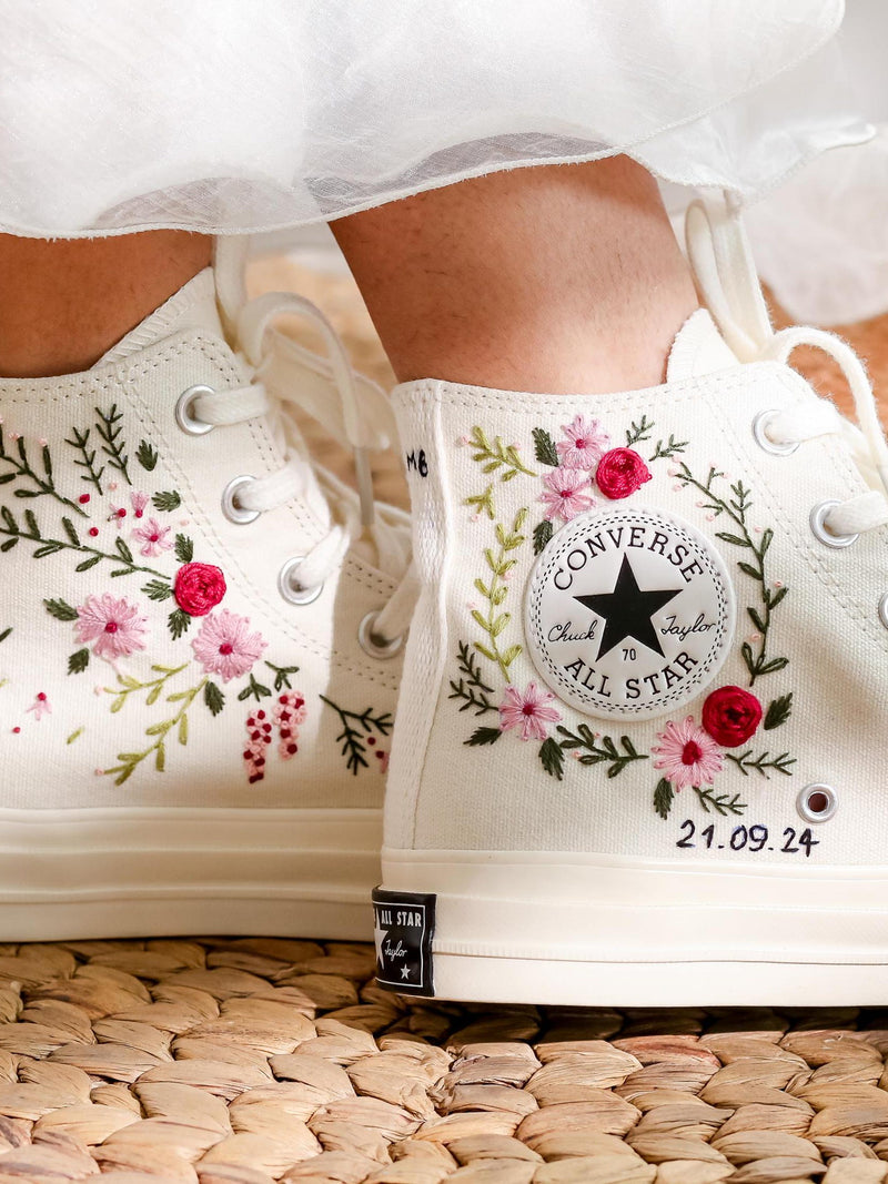 Bridal Converse Custom, Wedding Flowers Embroidered Converse Chuck Taylor 1970s, Embroidery Logo, Flower Embroidered Shoes, Wedding Gifts wedding flower