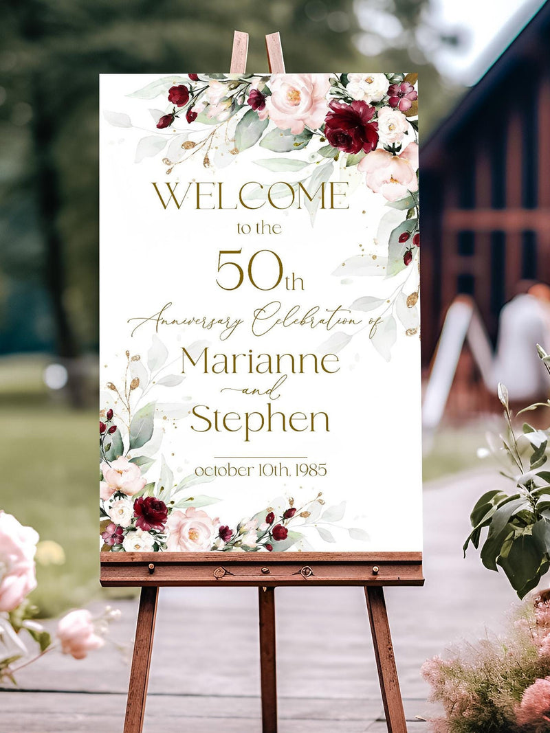 Burgundy Floral 50th Anniversary Welcome Sign Template (Printable) ANNIVERSARY