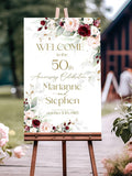 Burgundy Floral 50th Anniversary Welcome Sign Template (Printable) ANNIVERSARY
