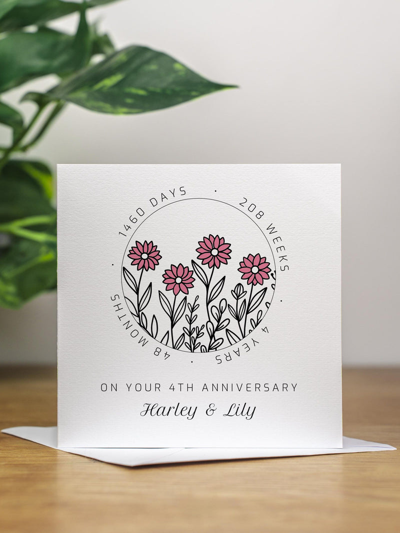 Personalised 4th Wedding Anniversary Card Husband Handmade Flower 4th Anniversary Milestone Gift Fourth Anniversary Card Wife Flower ANNIVERSARY