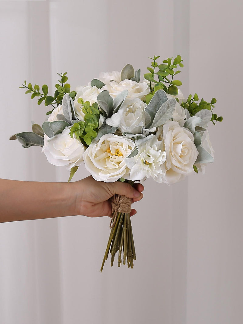 White Rose & Peony Wedding Bouquet Eucalyptus, White Flower  Lamb's Ear Bouquet, White Bridal Bridesmaid Silk Flower Bouquet Wedding Bouquet