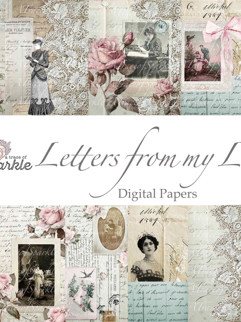 Letters From My Love Digital Papers / Printable Journal French Script Letters Lace Floral Receipts Love Romance Flower