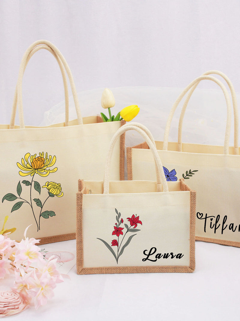 Custom Name Tote Bags with Birth Flower_Bachelorette Party Favors, Wedding Gift Bags,Mothers Day Gift_Birthday Gift_Bridesmaid Proposal Gift birthday flower
