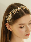 Bridal Hair vine, Wedding Hair vine, Rose Gold Wedding Flower, Bridal Headband, Pearl Headpieces for Women with Ribbon wedding flower
