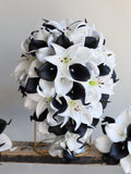 Faux Black White and Silver Bridal Bouquet, Real Touch Calla lily Bridesmaid Bouquets, , Tiger Lilies, Black White Weddings Bouquet