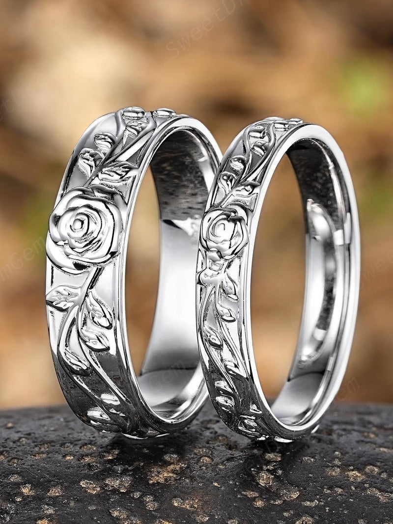 Vintage White Gold Rose Flower Couple Ring Set Leaf Nature Inspired His And Her Wedding Rings Unique Mens Ring Wedding Band Anniversary Ring ANNIVERSARY