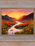 Fantasy landscape art PRINT, Calm poppy meadow, Mountains sundow river, Wild flowers grassland, Colorful warm painting, House warming gift house warming flower