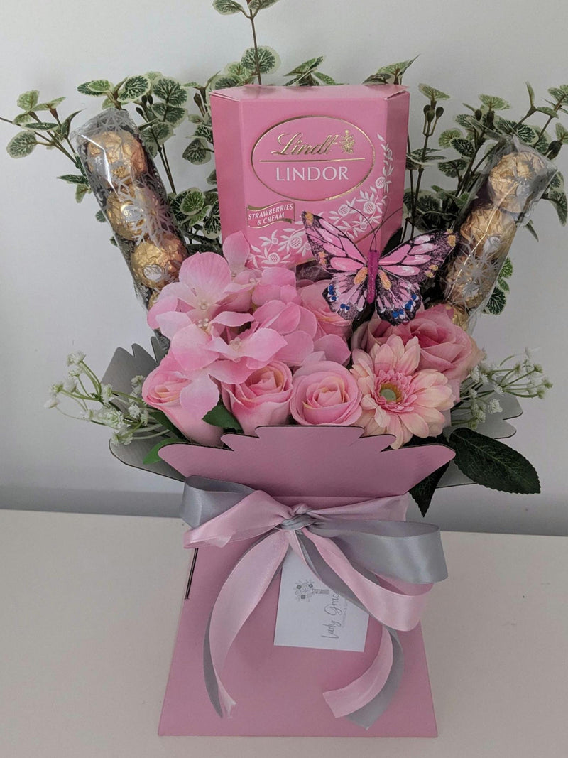 Chocolate Bouquet Pink & Cream Lindt And Ferrero Stunning Silk Flowers Bouquet Gift Bouquet