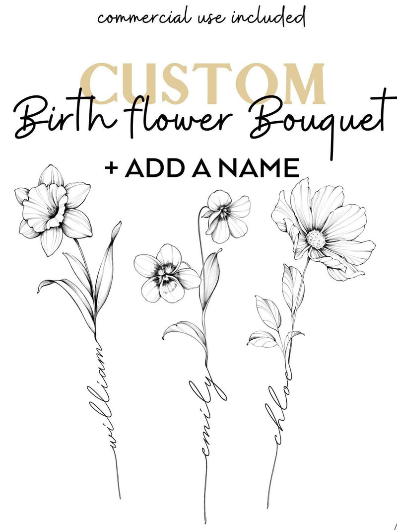 Custom Birth Flower Bouquet with Names | Line Art Tattoo | Personalized Family Kids Grandma Birth Flower | Gift for Mom Dad | DIGITAL DESIGN birthday flower