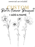 Custom Birth Flower Bouquet with Names | Line Art Tattoo | Personalized Family Kids Grandma Birth Flower | Gift for Mom Dad | DIGITAL DESIGN birthday flower