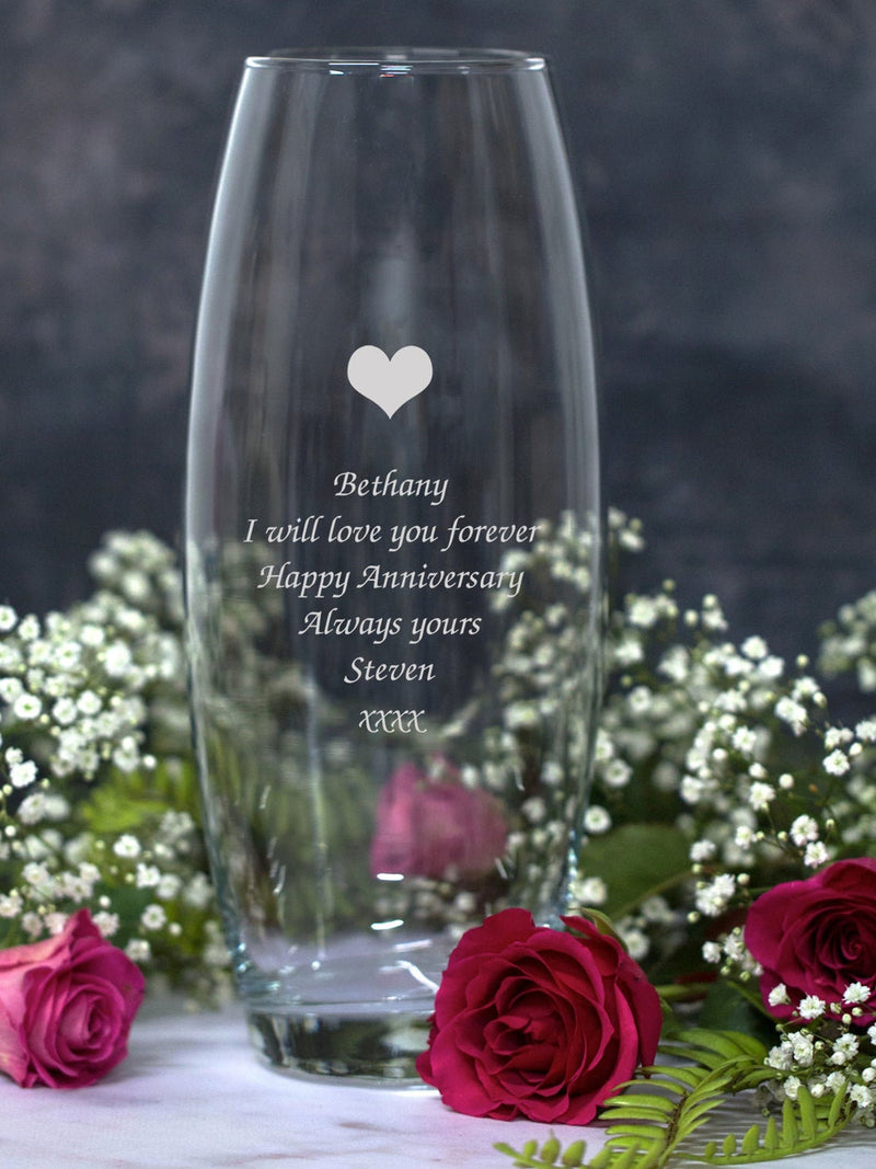 Personalised Heart Glass Bullet Vase Vases 26cm Gifts Ideas For Her Womens Flowers Birthday Christmas Love Valentines Day Anniversary ANNIVERSARY
