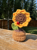 Crochet Sunflower Pot , Cute Handmade Knitted Sunflower with a Ladybug ,Home Decor Housewarming Gift for Her, Artificial Flower for Desktop house warming flower