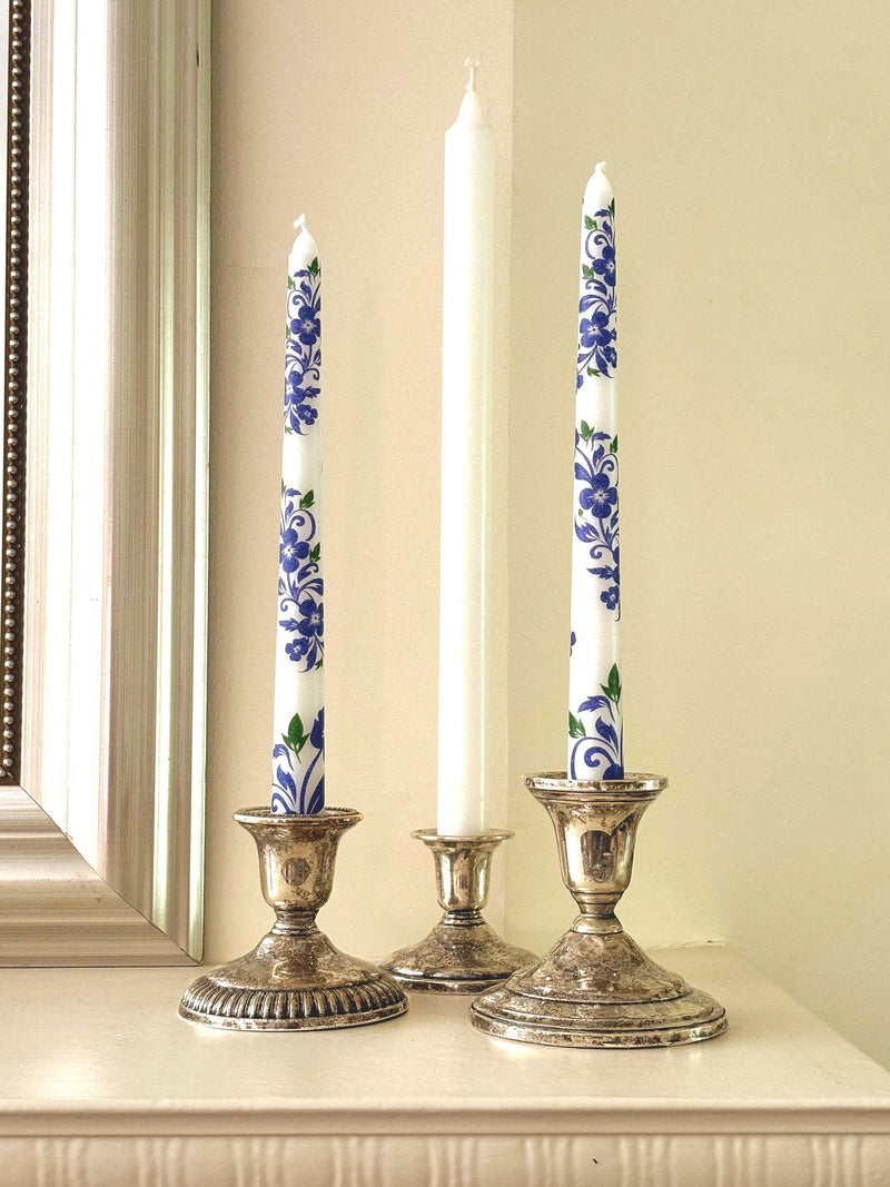 Elegant Indigo Floral Design Taper Candles, Bridal, Wedding, Communion house warming flower