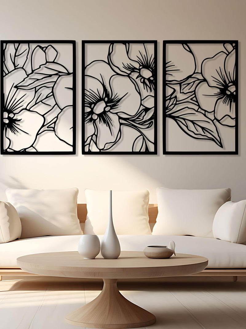 Floral Trio Metal Wall Art - Black Flower Home Decor, 3 pcs - Unique Birthday Gift ANNIVERSARY