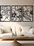 Floral Trio Metal Wall Art - Black Flower Home Decor, 3 pcs - Unique Birthday Gift ANNIVERSARY