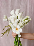 All white calla lily and tulip wedding bouquet, realistic white bridal bouquet, real touch tulip wedding bouquet, white silk bridal bouquet wedding flower