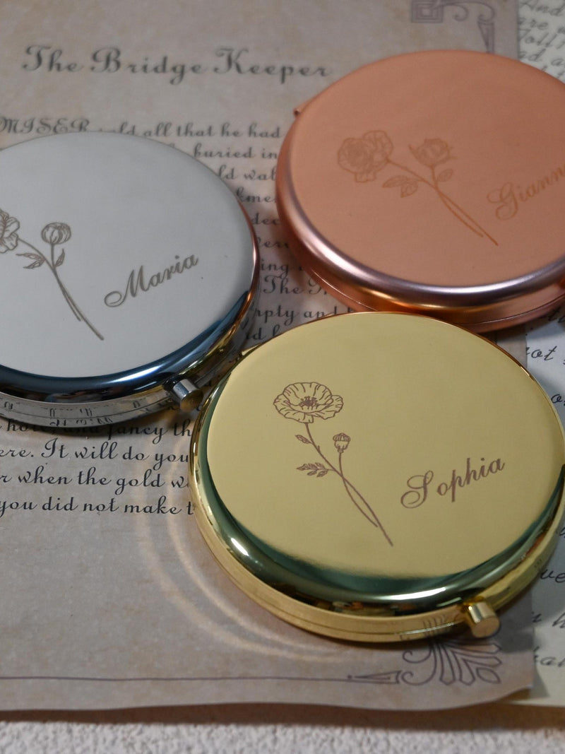 Personalized Bridesmaid Mirrors with Name Birth Flower, Custom Rose Gold, Gold, Silver Compact Mirror, Weddings Birthday Gift Pocket Mirror birthday flower