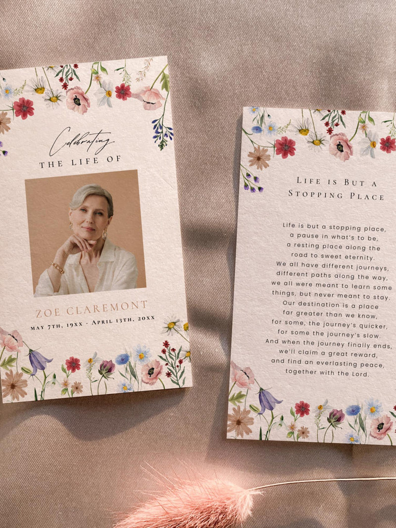 Wildflower Funeral Prayer Card Template, Floral Celebration of Life Poem, Editable Memorial Remembrance Keepsake | Zoe sympathy flower