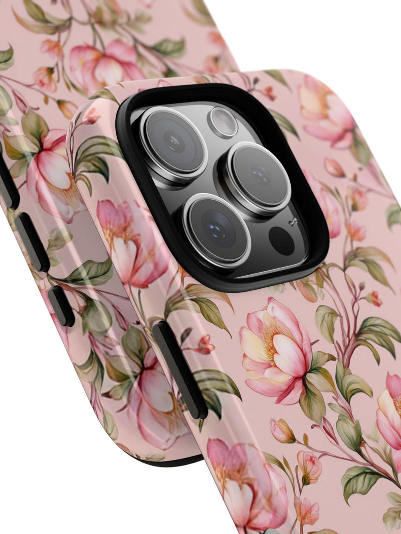 Pink peony floral phone case with black camera cutout and slim edge