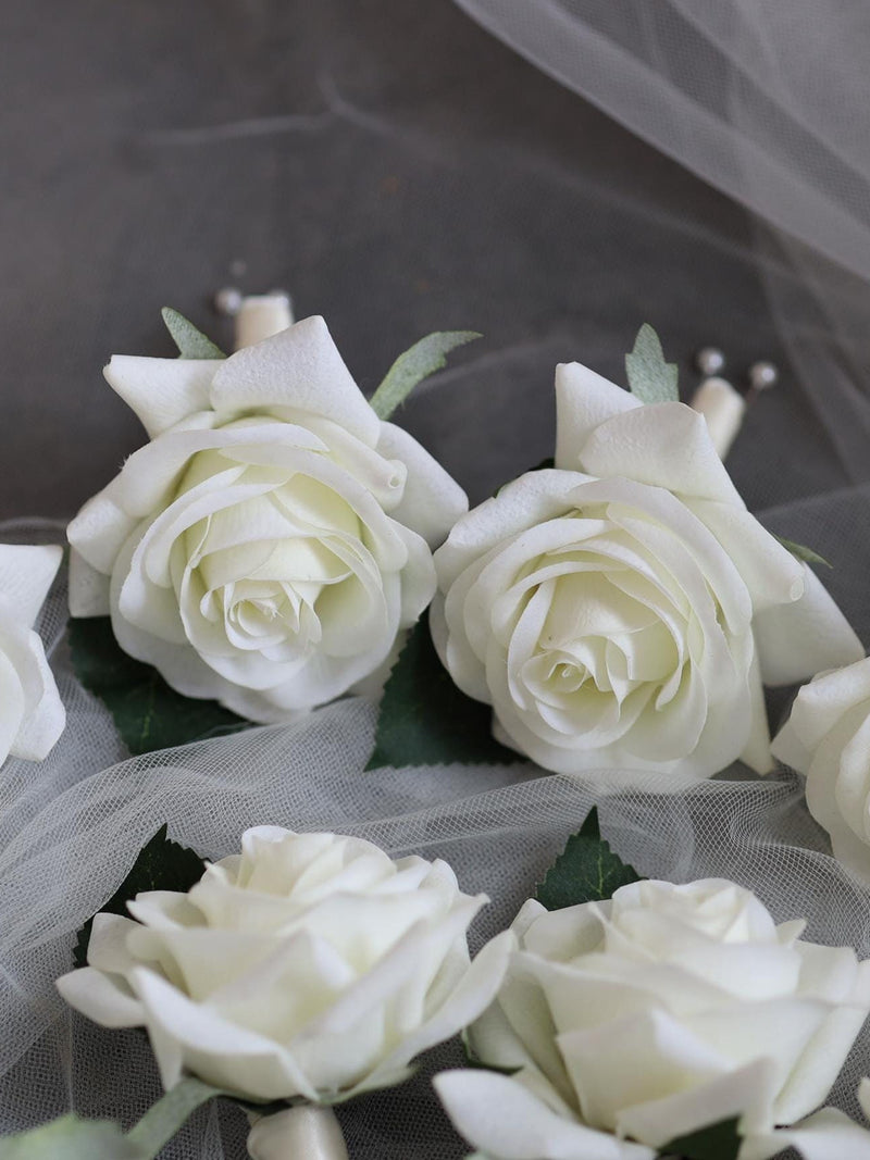 Real Touch Ivory Rose Boutonnieres, Fake Flowers Wedding Boutonniere & Wedding Corsage, Artificial Flowers Wedding Homecoming Prom Corsage wedding flower