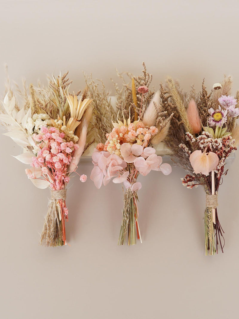Pink and cream mini dried flower bouquets, boho bunches tied with twine