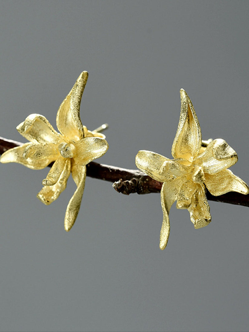 Gold Plated Silver Iris Flower Stud Earrings ¥ 28mm ¥ Botanical Organic Floral Earrings ¥ Tariff Free Delivery to USA FLOWER DELIVERY