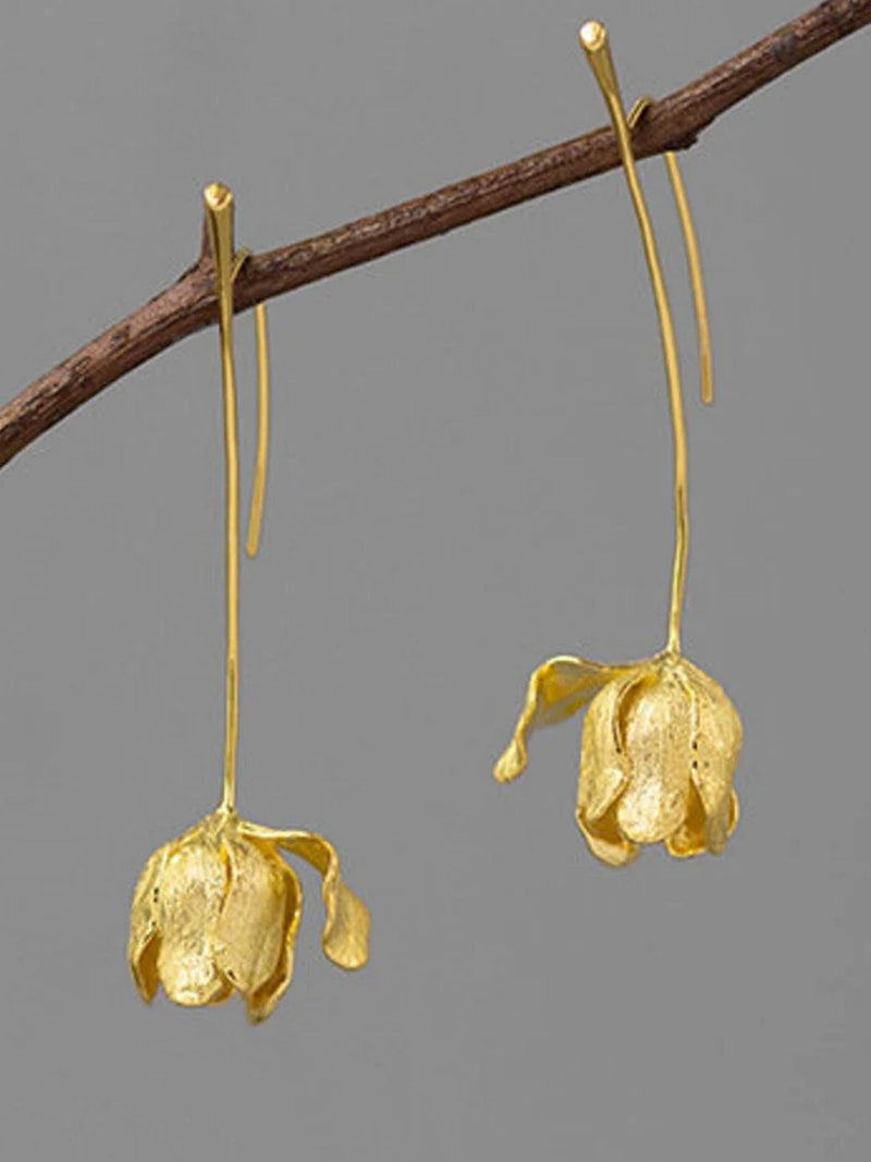 Gold Tulip Earrings ¥ 50mm ¥ 12mm Flower ¥ 18k Yellow Gold Plated Silver ¥ Stamped 925 ¥ Tariff Free Delivery to USA FLOWER DELIVERY