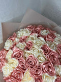 Custom Pink and Ivory Color Eternal Rose, Bouquet of Artificial Flowers, Customizable Ramo Buchon, Satin Ribbon Rose, Everelasting Flower Bouquet